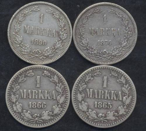 Русская Финляндия 1 марка 1865,1866,1874,1890 г.