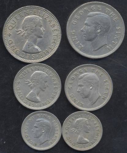 Новая Зеландия 3 и 6 пенсов, шиллинг, флорин, полукрона 1947-64 г.