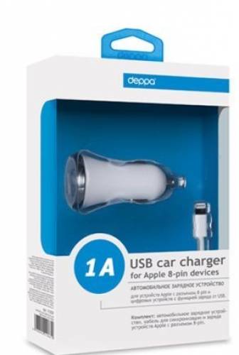 11208	Зарядник автомобильный iPhone5, iPad mini Deppa   кабель Белый,1А